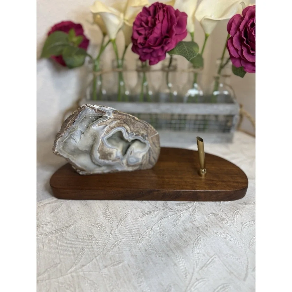 Vintage Walnut Desk Set with Large Polished Agate Geode‎ & Brass Pen Holder.